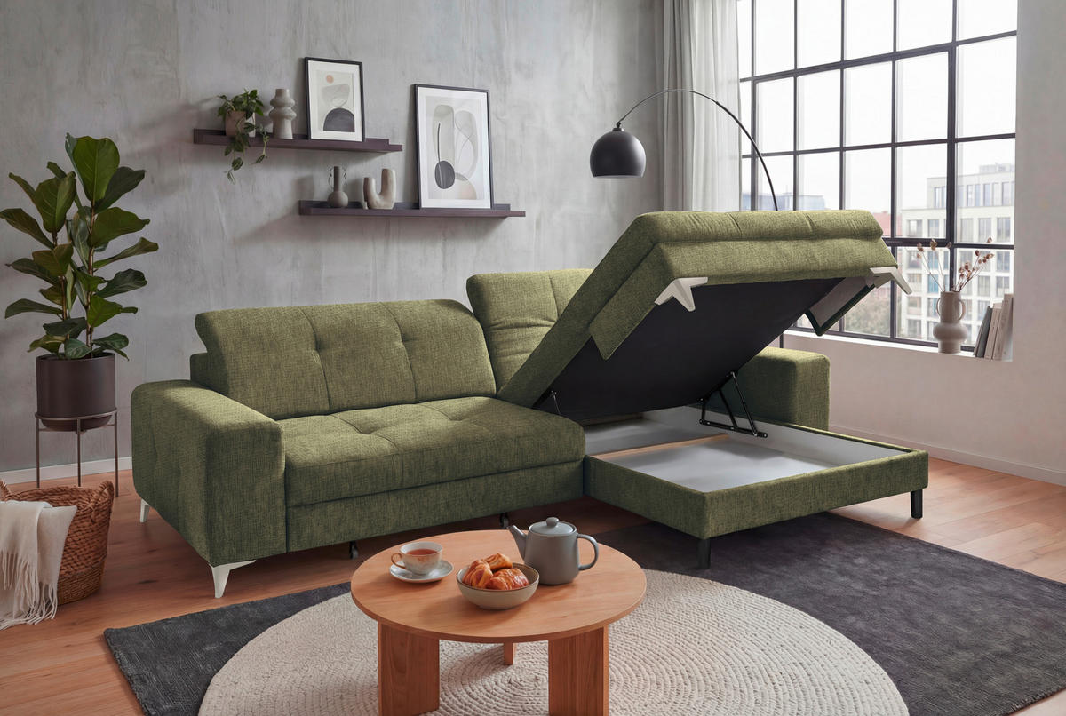 ECKSOFA SORELLA Dunkelgrün Chenille Kopfteilverstellung, Sitztiefenverstellung  - Kaschmir/Dunkelgrün, Design, Kunststoff/Textil (328/182cm) - MID.YOU