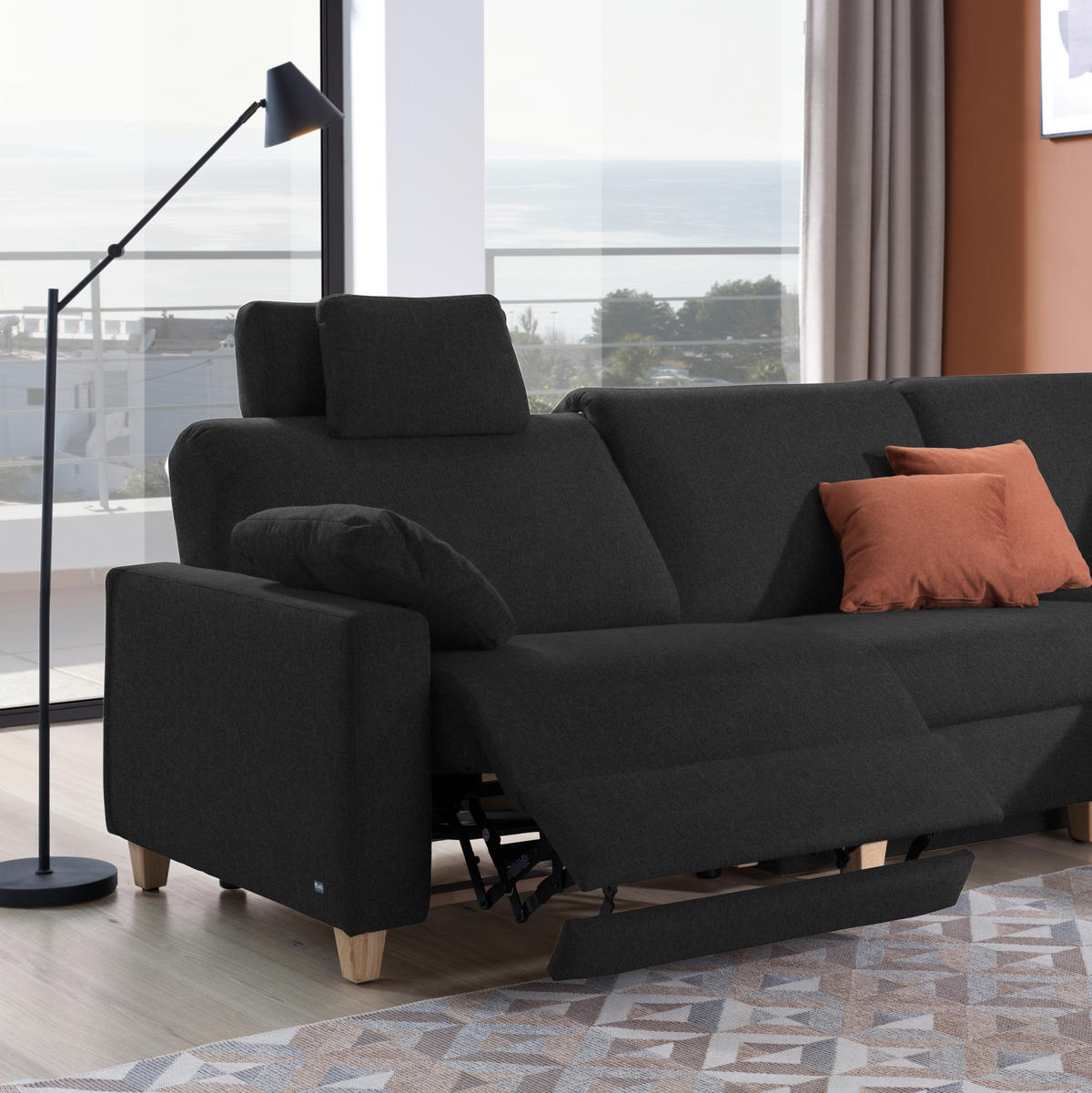 ECKSOFA in Flachgewebe Anthrazit  261/203 cm  - Eichefarben/Anthrazit, KONVENTIONELL, Holz/Textil (261/203cm) - Sedda