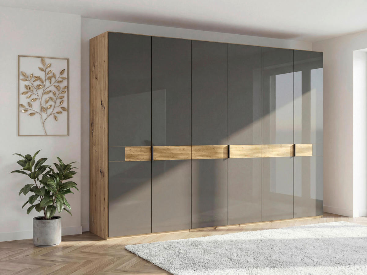 DREHTÜRENSCHRANK 300/216/58 cm,  in Braun, Eiche Bianco, 6 Tür(en)  - Schieferfarben/Eiche Bianco, Design, Glas/Holz (300/216/58cm) - Musterring