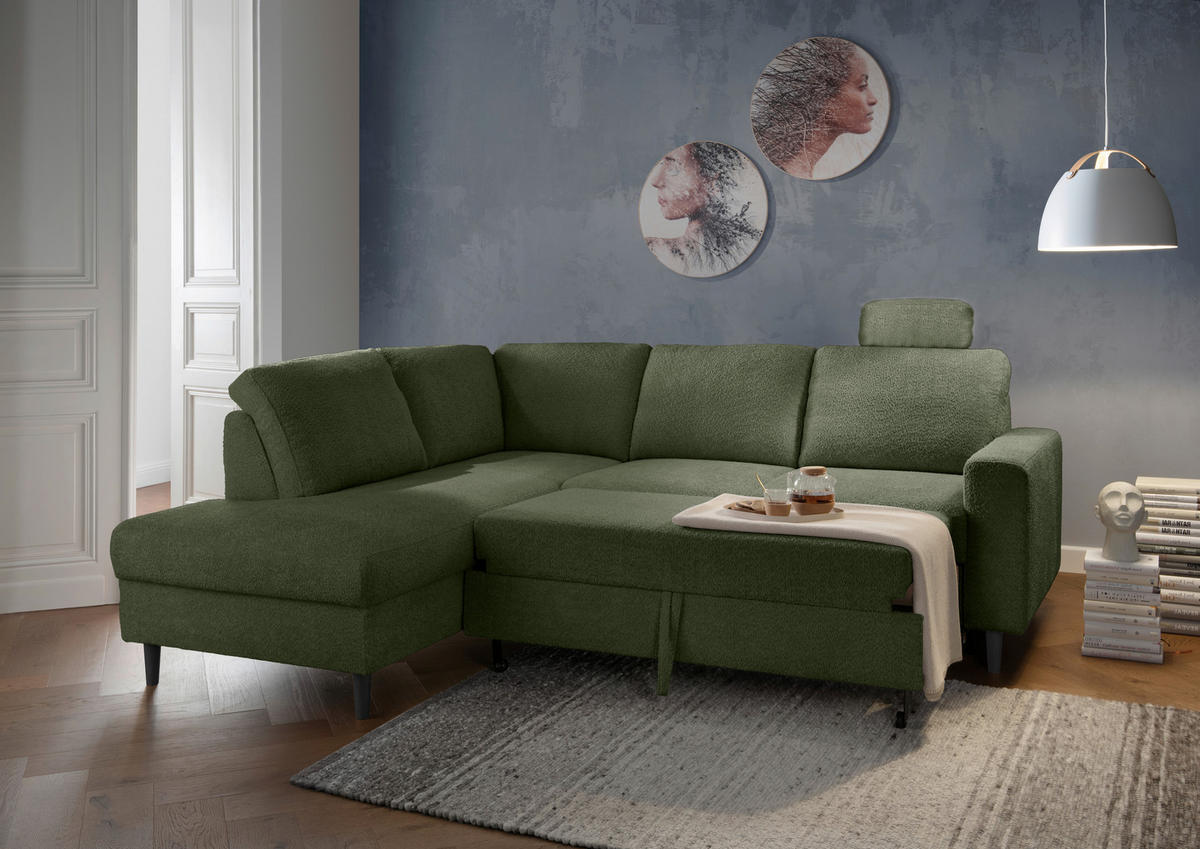 ECKSCHLAFSOFA in Bouclé Dunkelgrün  - Dunkelgrün/Schwarz, MODERN, Holz/Textil (200/242cm) - Livetastic