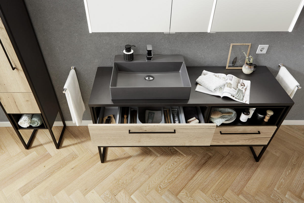 BADEZIMMER  in 154,6 cm  - Dunkelgrau/Eichefarben, Modern, Glas/Keramik (154,6cm) - Dieter Knoll