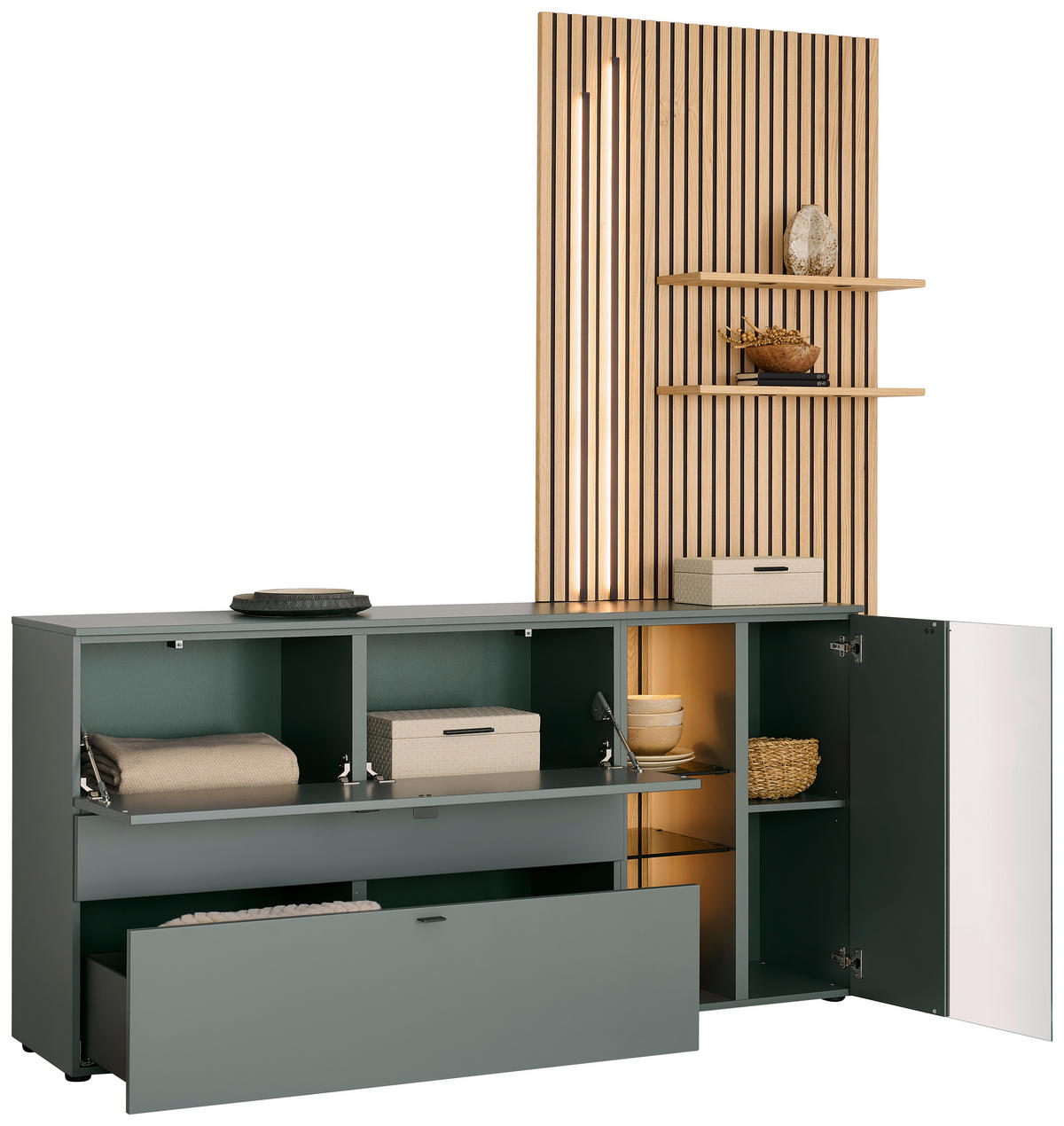 SIDEBOARD Grün, Eichefarben  210/224/43 cm  - Eichefarben/Anthrazit, Design, Glas/Holz (210/224/43cm) - Venjakob