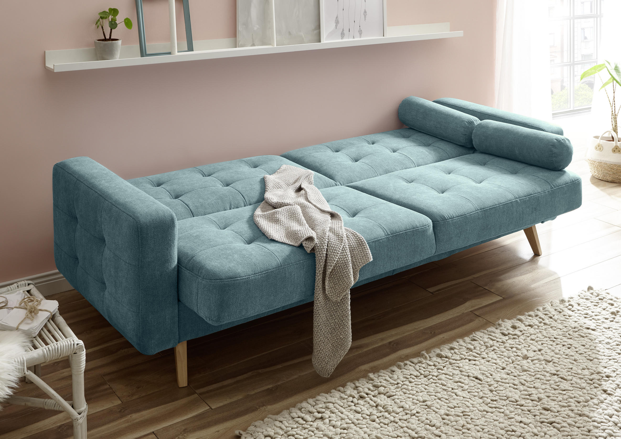 SCHLAFSOFA in Mikrovelours Grün  - Schlammfarben/Eichefarben, MODERN, Holz/Textil (222/86/90cm) - MID.YOU