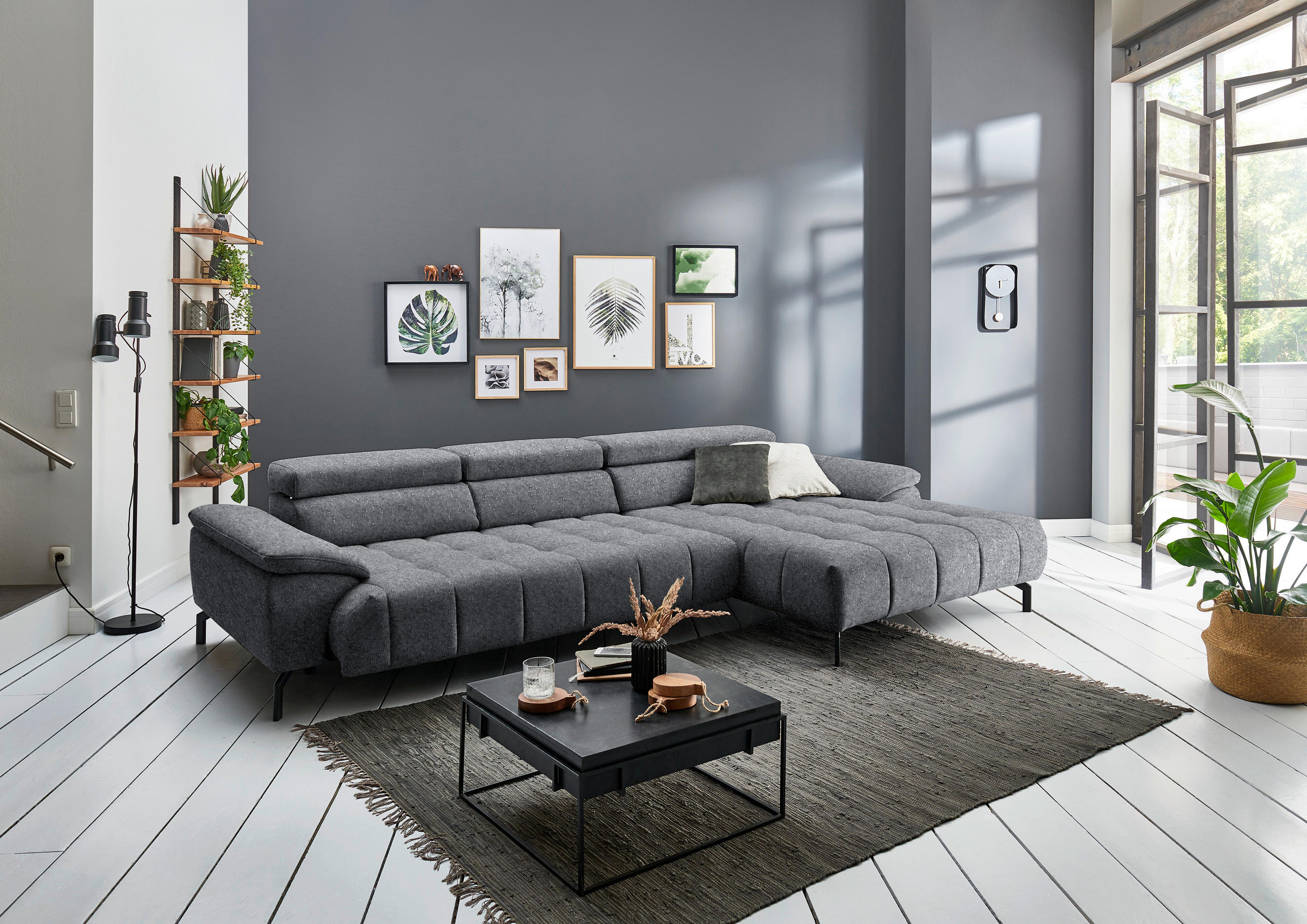ECKSOFA in Chenille Grau  329/190 cm  - Schwarz/Grau, Design, Textil/Metall (329/190cm) - Beldomo Style