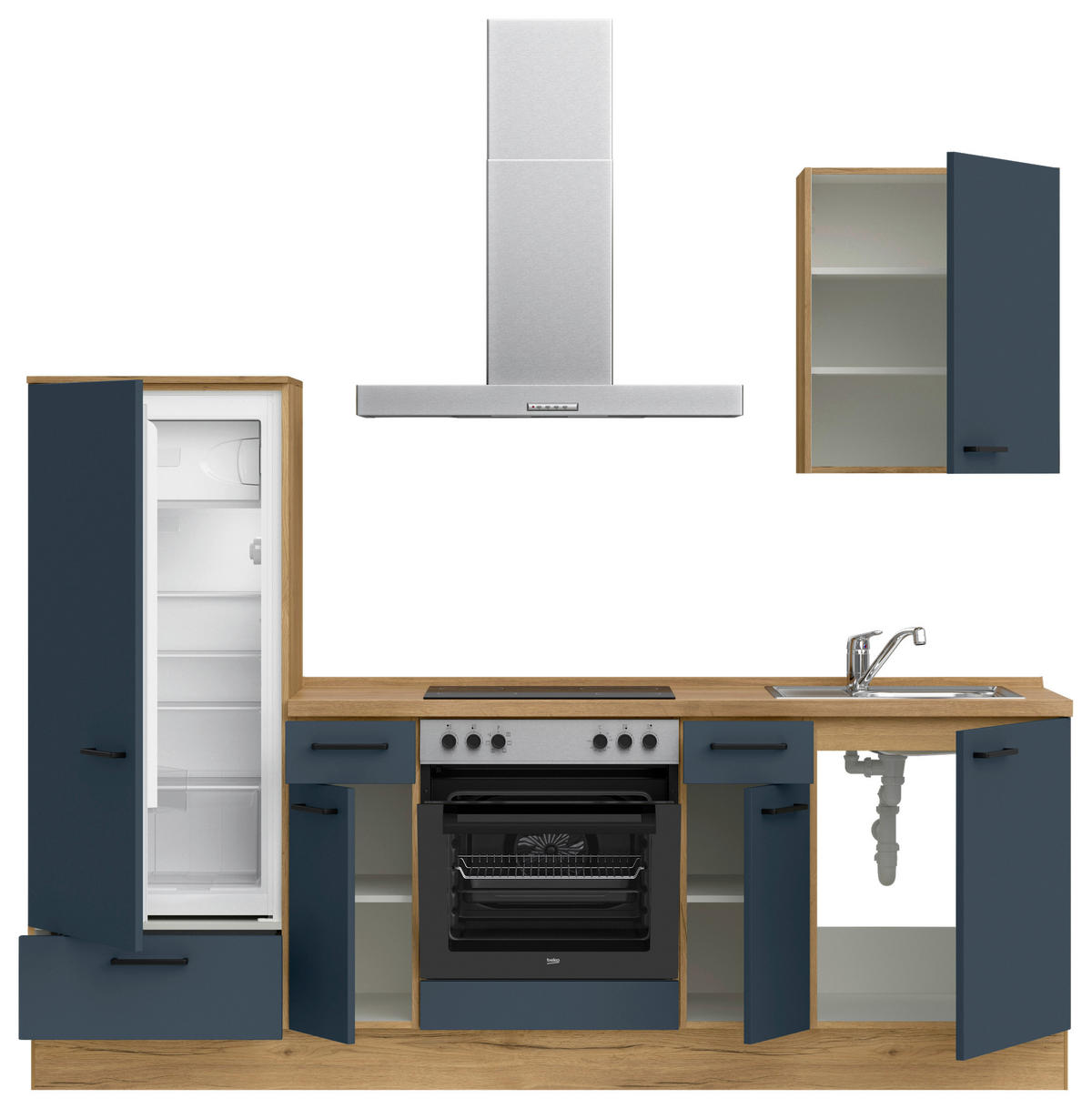 KÜCHENBLOCK Easytouch 240 cm  in Blau, Eichefarben  - Blau/Eichefarben, MODERN, Holzwerkstoff/Metall (240cm) - Nobilia