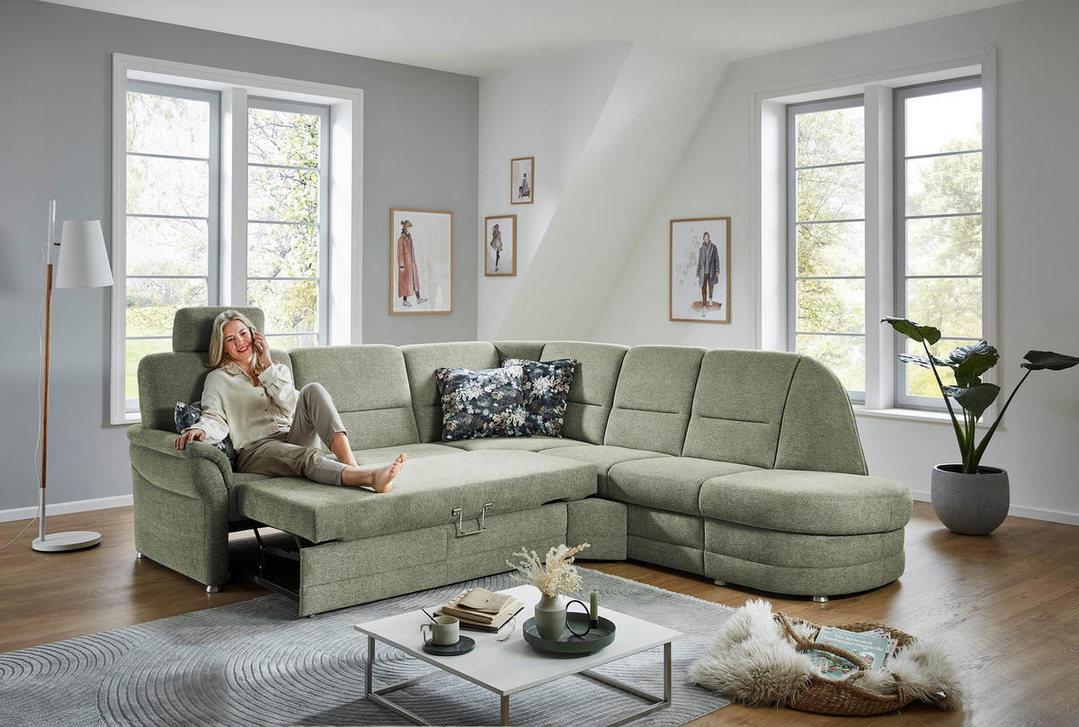 ECKSOFA  in Makramee Grün  - Alufarben/Grün, KONVENTIONELL, Textil/Metall (253/273cm) - Beldomo Comfort