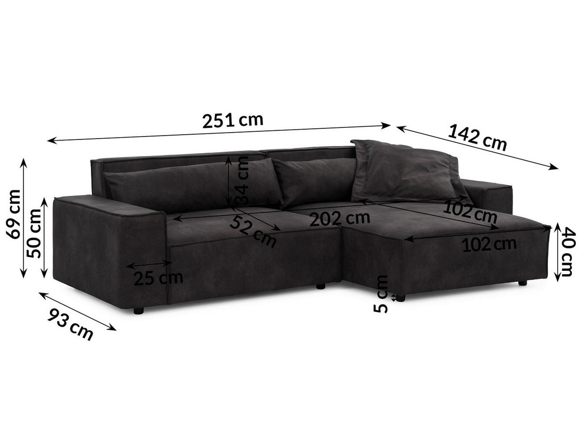ECKSOFA Curduroy in Lederlook Anthrazit Rückenkissen  251/142 cm  - Anthrazit/Schwarz, Design, Kunststoff/Textil (251/142cm) - P & B
