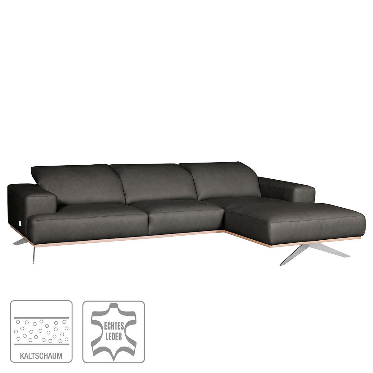 ECKSOFA  in Echtleder Schwarz  295/187 cm  - Chromfarben/Schwarz, Design, Leder/Metall (295/187cm) - Livetastic