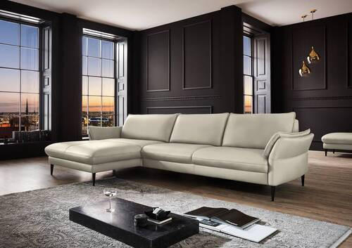 ECKSOFA Ecru Echtleder  - Ecru/Schwarz, Design, Leder/Metall (172/334cm) - Hukla