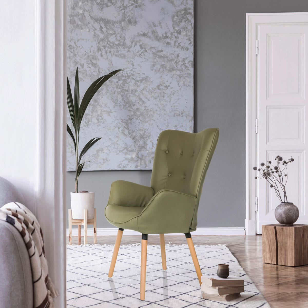 OHRENSESSEL in Velours Grün  - Buchefarben/Grün, MODERN, Holz/Textil (70/106/75cm) - MID.YOU