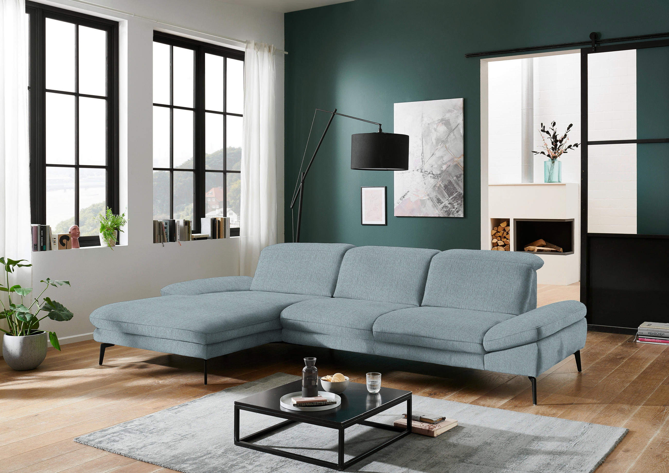 ECKSOFA in Chenille Pastellblau  - Pastellblau/Schwarz, Design, Textil/Metall (188/319cm) - Beldomo System