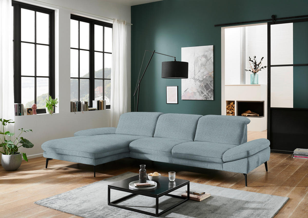 ECKSOFA in Chenille Pastellblau  - Pastellblau/Schwarz, Design, Textil/Metall (188/319cm) - Beldomo System