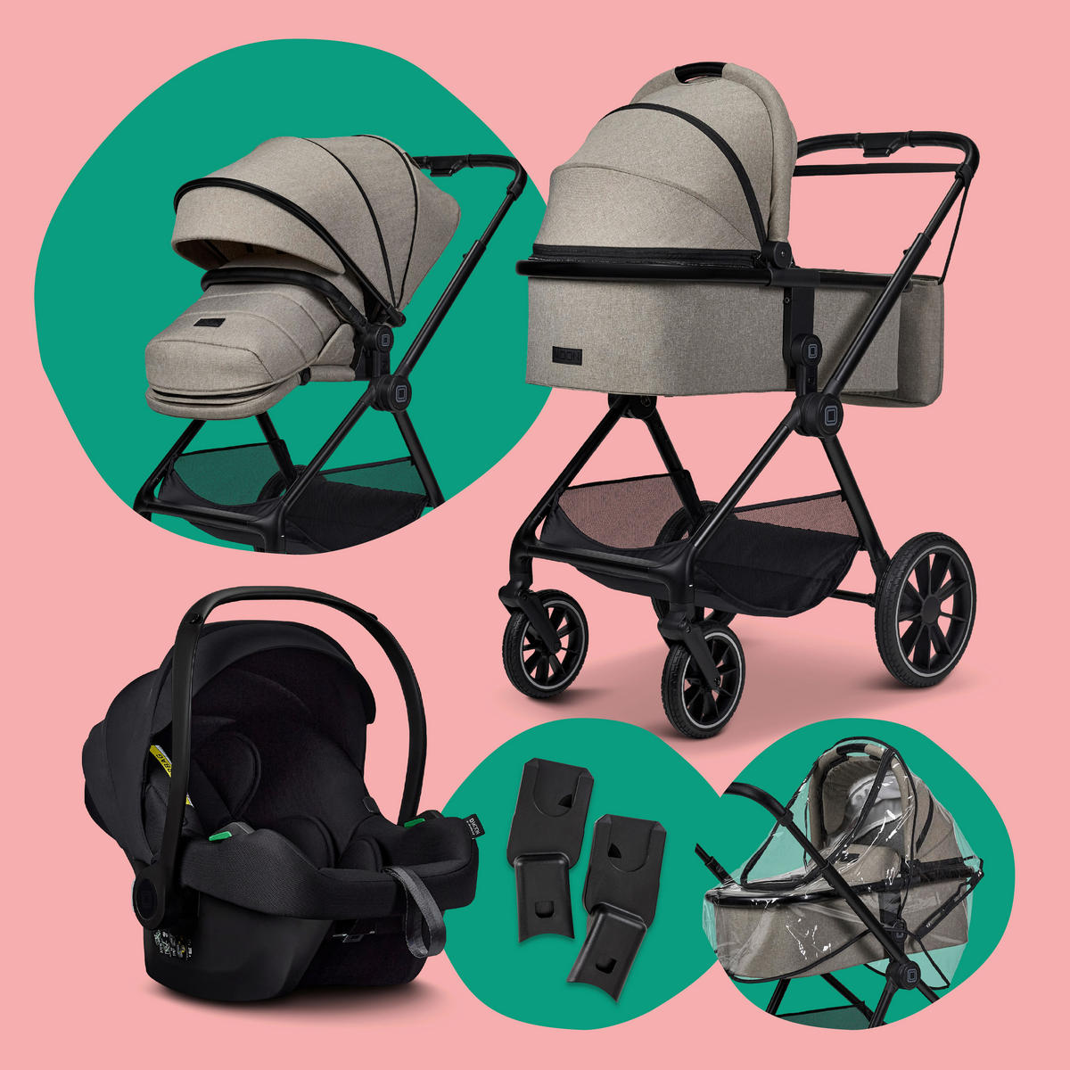 SET DJEČJIH KOLICA  Clicc Set  - boje blata/crna, Basics, tekstil (84/61/114cm) - Moon