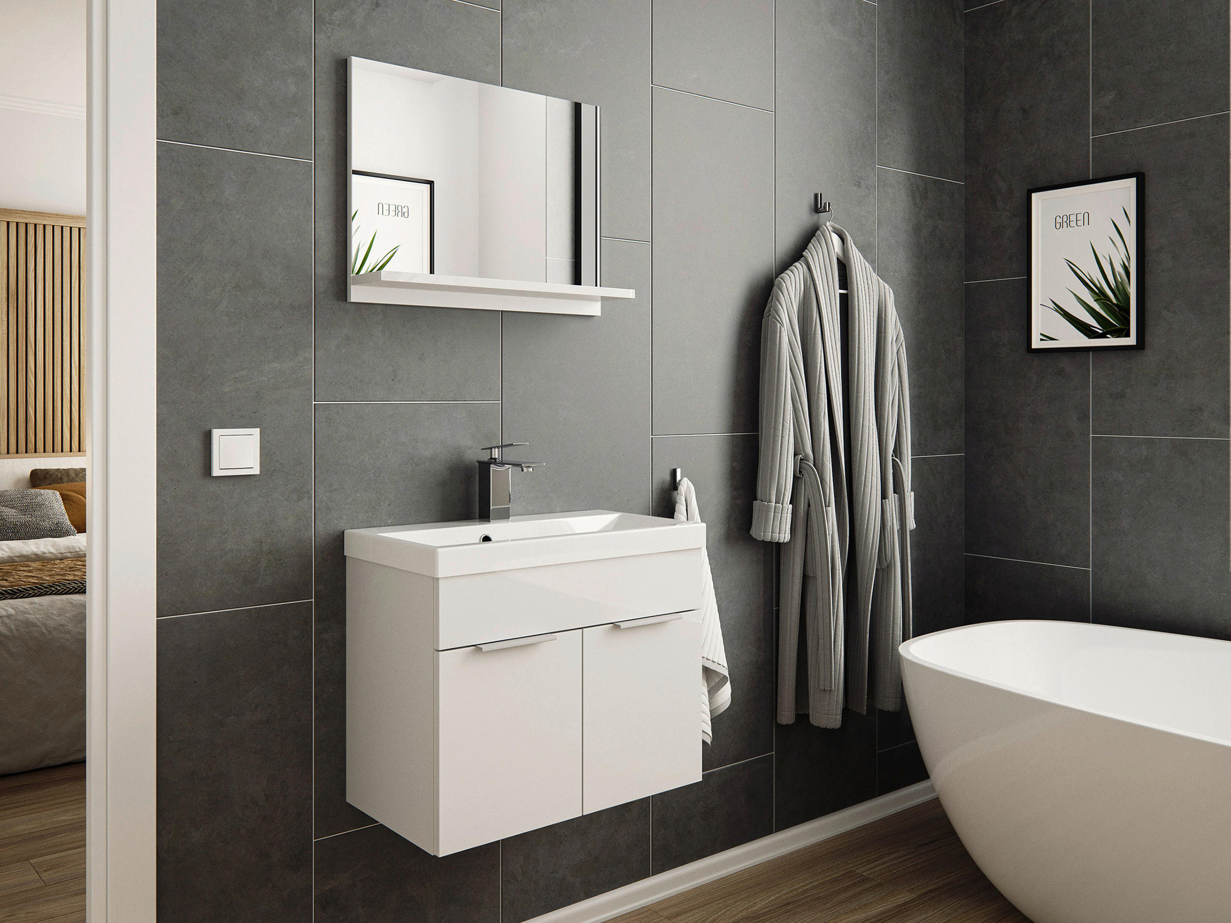 WASCHTISCHKOMBI 59,5 cm  - Weiß, Basics, Holzwerkstoff/Stein (59,5cm) - MID.YOU