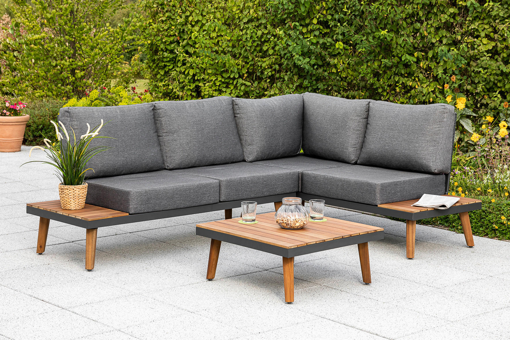 TERASOVÁ SEDACIA SÚPRAVA drevo, kov, textil - hnedá/sivá, Konventionell, kov/drevo (211/28/152,5cm) - Gardenson