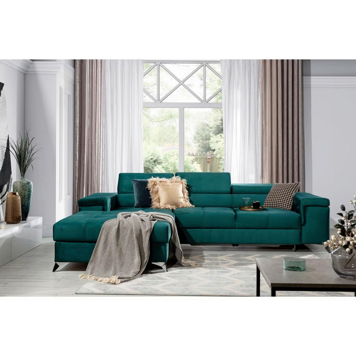 ECKSOFA in Samt Grün  205/281 cm  - Silberfarben/Grün, Design, Textil/Metall (205/281cm) - MID.YOU