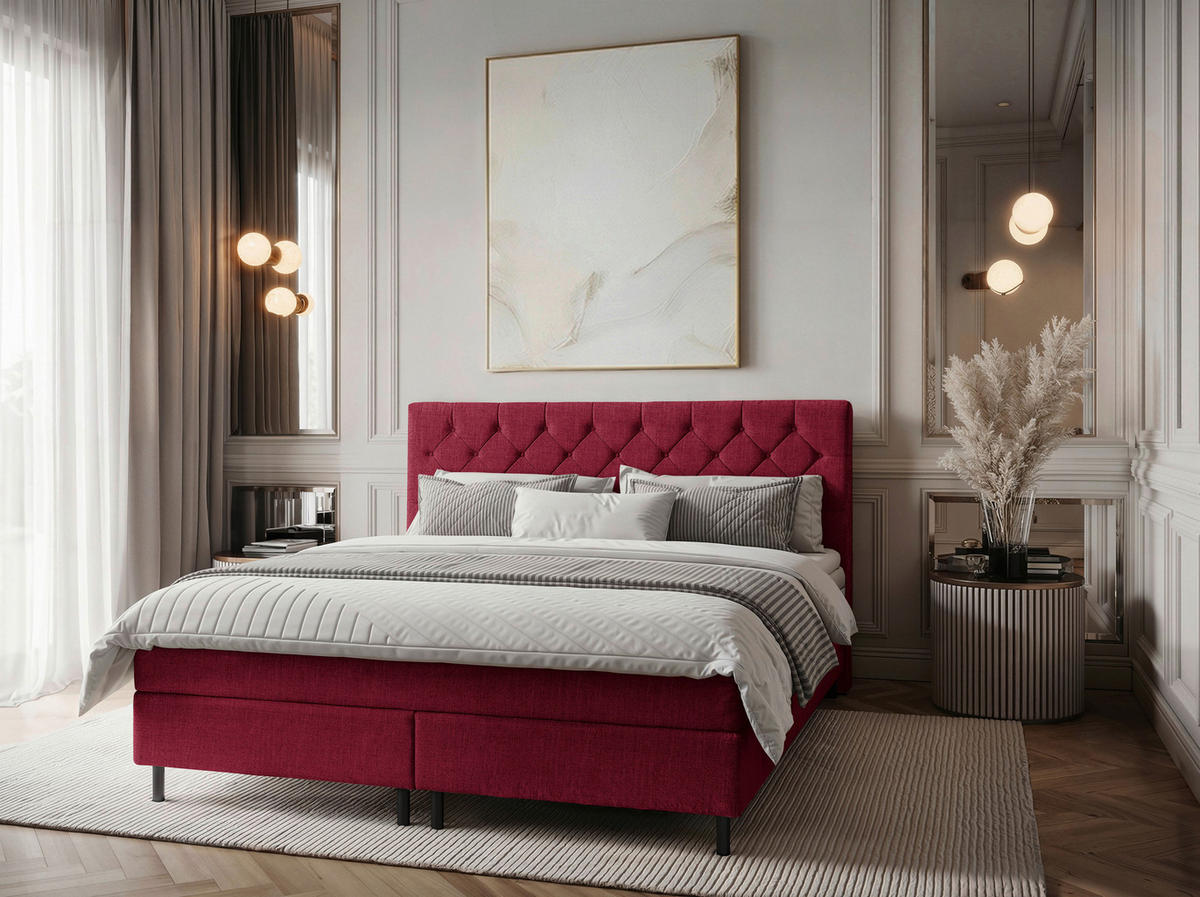 BOXSPRINGBETT 180/200 cm,  in Rot, Matratze, Topper, H2 + H2 = mittel  - Rot/Schwarz, KONVENTIONELL, Textil/Metall (180/200cm) - Chameo