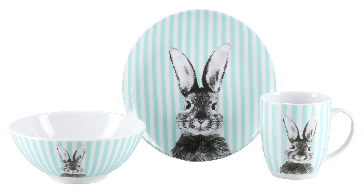 FRÜHSTÜCKSSERVICE Grün, Weiß Happy Bunny 3-teilig 1 Personen  - Weiß/Grün, Basics, Keramik - Creatable