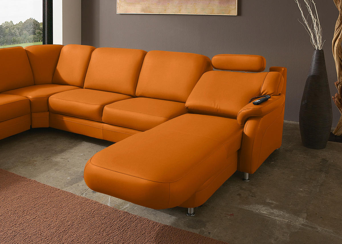 WOHNLANDSCHAFT Echtleder Orange  - Alufarben/Orange, Konventionell, Leder/Metall (239/329/165cm) - Beldomo Premium