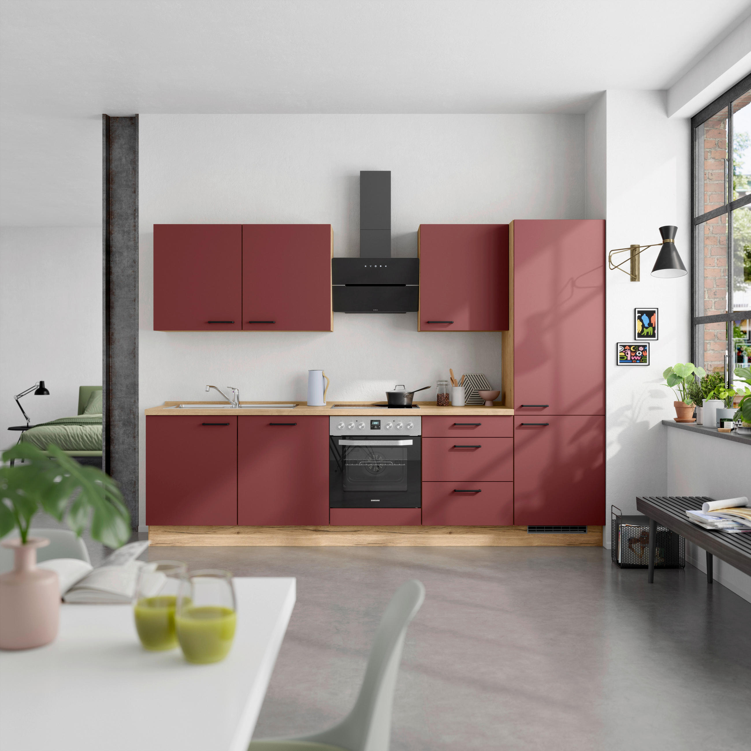 KÜCHENLEERBLOCK 300 cm   in Rot, Eichefarben  - Eichefarben/Rot, MODERN, Holzwerkstoff/Metall (300cm) - Nobilia