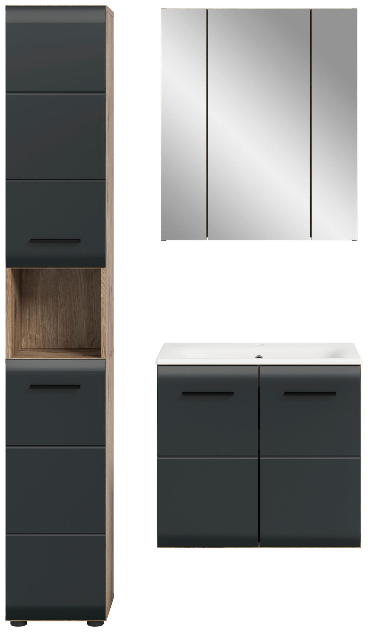 BADEZIMMER 3-teilig  in 90 cm  - Eiche dunkel/Schwarz, Basics, Holzwerkstoff/Kunststoff (90cm) - MID.YOU