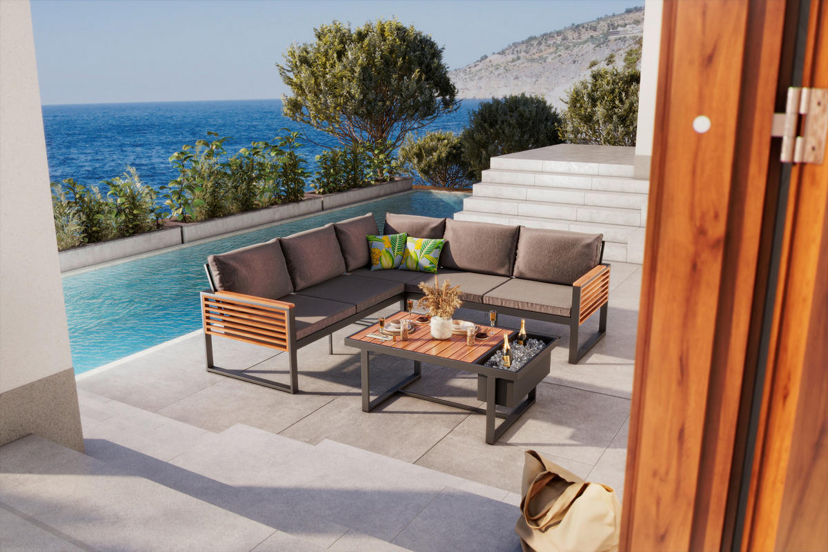 LOUNGE GARNITÚRA  235/235 cm   - natúr/fekete, Modern, textil/fa (235/235cm) - Ambia Garden