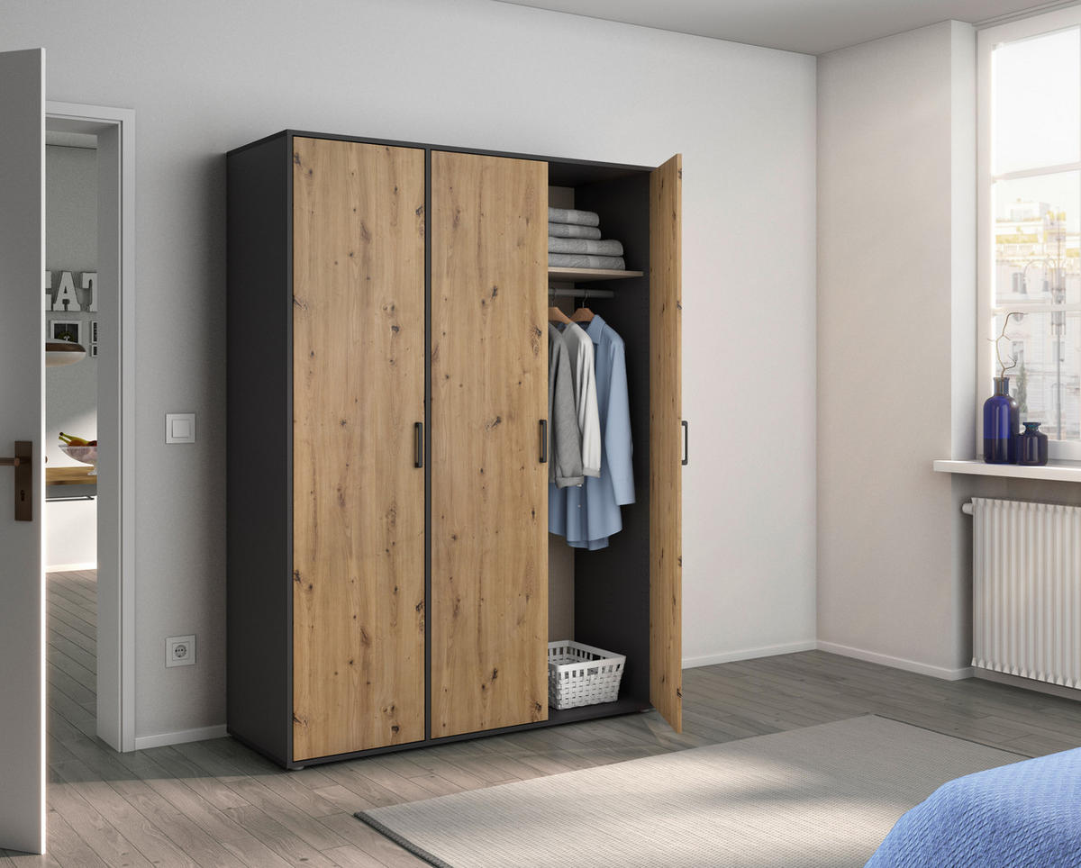 DREHTÜRENSCHRANK in Grau, Eiche Artisan  - Eiche Artisan/Grau, Modern, Holzwerkstoff/Kunststoff (140/194/53cm) - Rauch Möbel