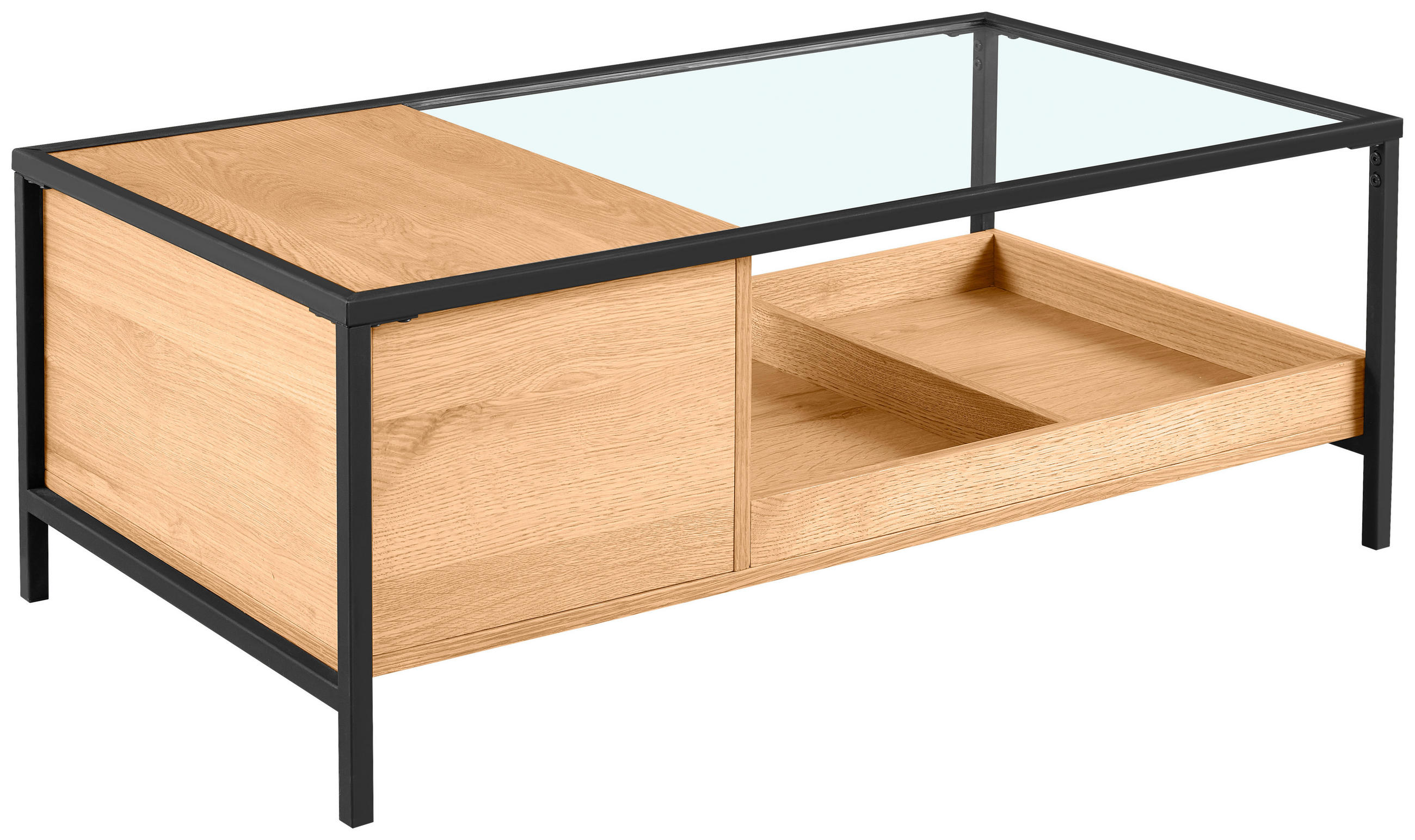 COUCHTISCH Eiche furniert, massiv ESG 110/60/40 cm rechteckig Klar, Naturfarben, Schwarz  - Klar/Eichefarben, Natur, Glas/Holz (110/60/40cm) - Novel