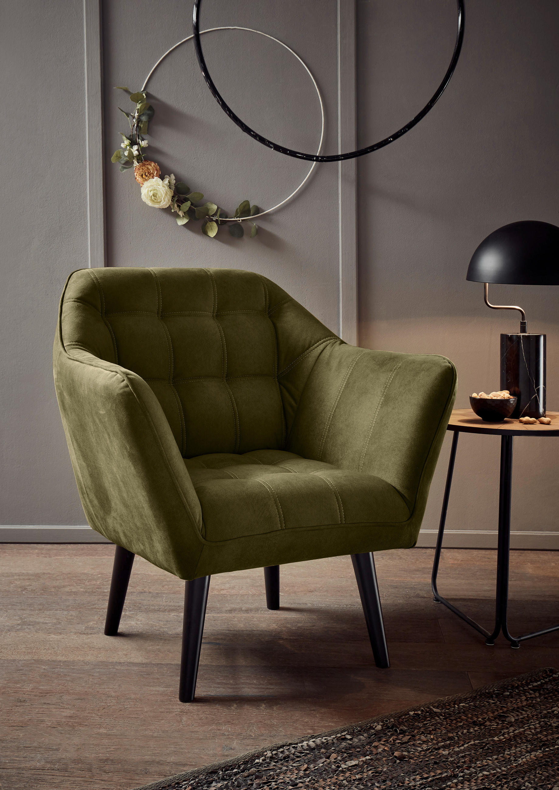 COCKTAILSESSEL Mikrovelours Olivgrün    - Schwarz/Olivgrün, MODERN, Holz/Textil (84/87/70cm) - MID.YOU