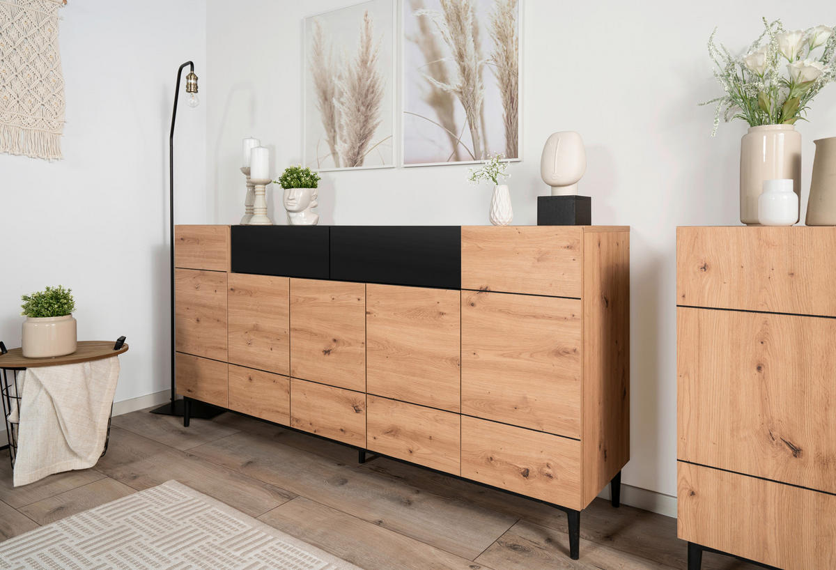 SIDEBOARD 180/90/42 cm Schwarz, Eichefarben  - Eichefarben/Schwarz, Konventionell, Holzwerkstoff/Kunststoff (180/90/42cm) - MID.YOU