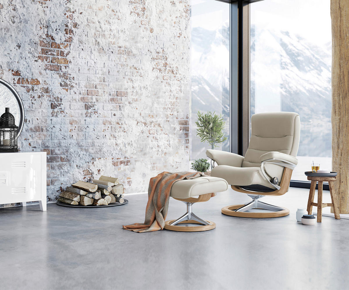 RELAXSESSELSET Echtleder Hocker    - Wengefarben/Creme, KONVENTIONELL, Leder/Holz (84/102/76cm) - Stressless