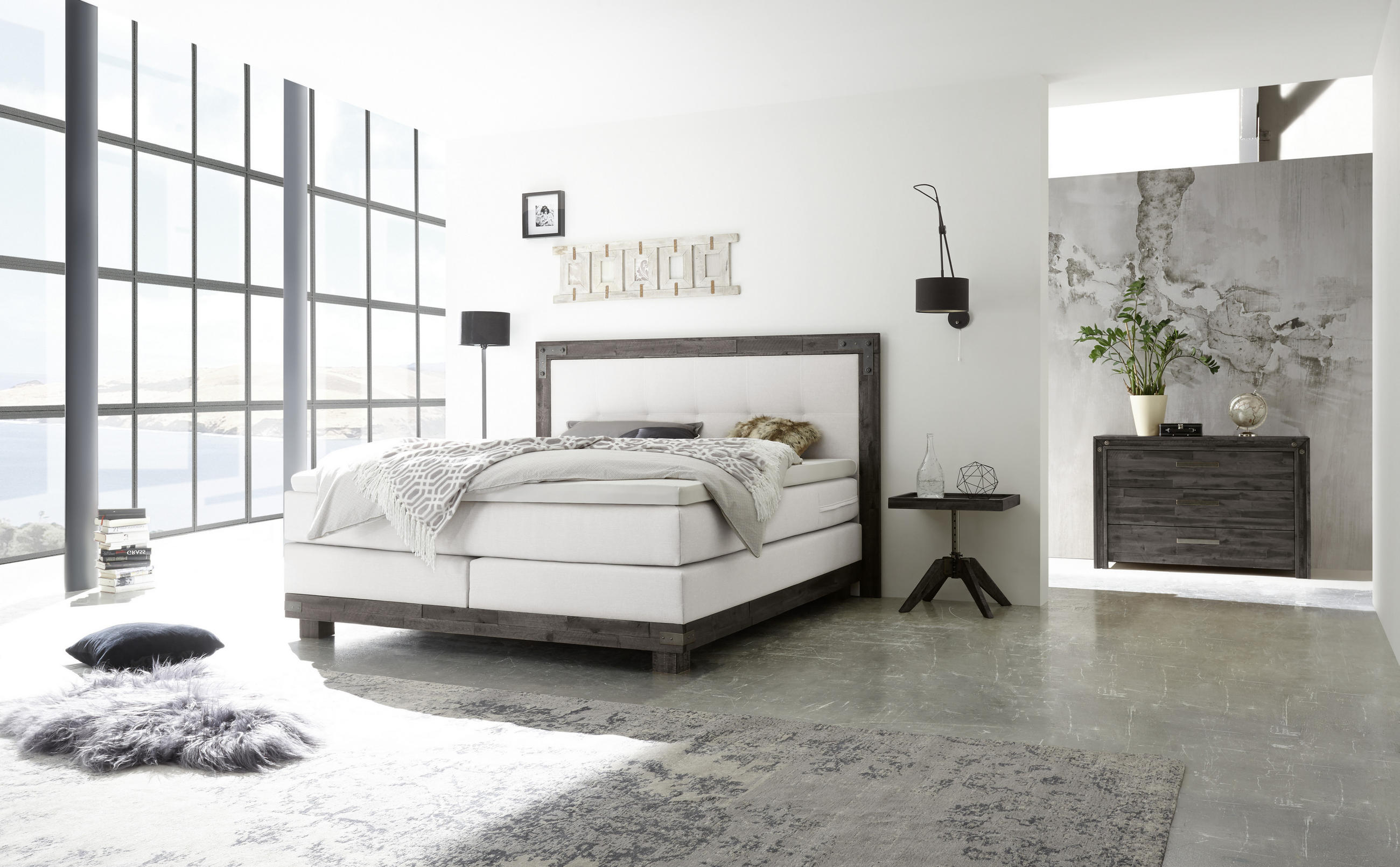 BOXSPRINGBETT 160/200 cm  in Weiß, Akaziefarben  - Weiß/Grau, KONVENTIONELL, Holz/Textil (160/200cm) - Hasena