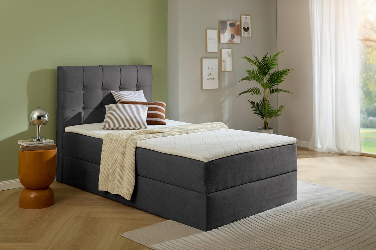 BOXBETT 120/200 cm,  in Dunkelgrau, Bettkasten, Topper, H3 = fest  - Dunkelgrau/Schwarz, KONVENTIONELL, Kunststoff/Textil (120/200cm) - Boxxx