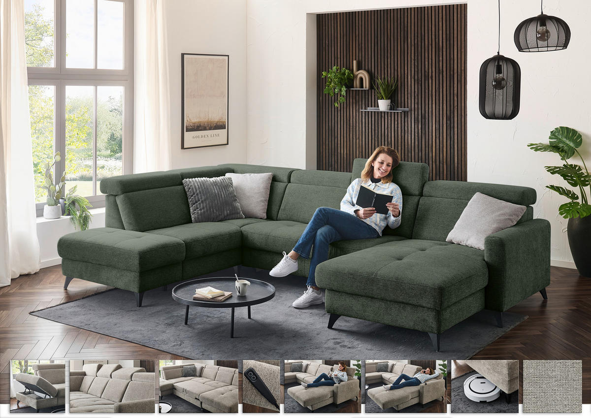 WOHNLANDSCHAFT Beldomo System Dunkelgrün Flachgewebe  - Dunkelgrün/Schwarz, KONVENTIONELL, Textil/Metall (215/333/174cm) - Beldomo System