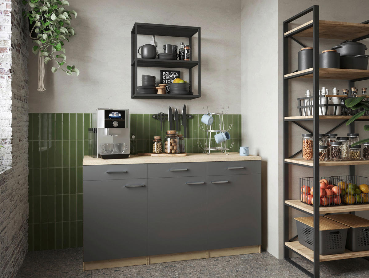 KÜCHENUNTERSCHRANK 150/85/60 cm  in Grau, Eichefarben  - Eichefarben/Silberfarben, Basics, Holzwerkstoff/Metall (150/85/60cm) - Respekta