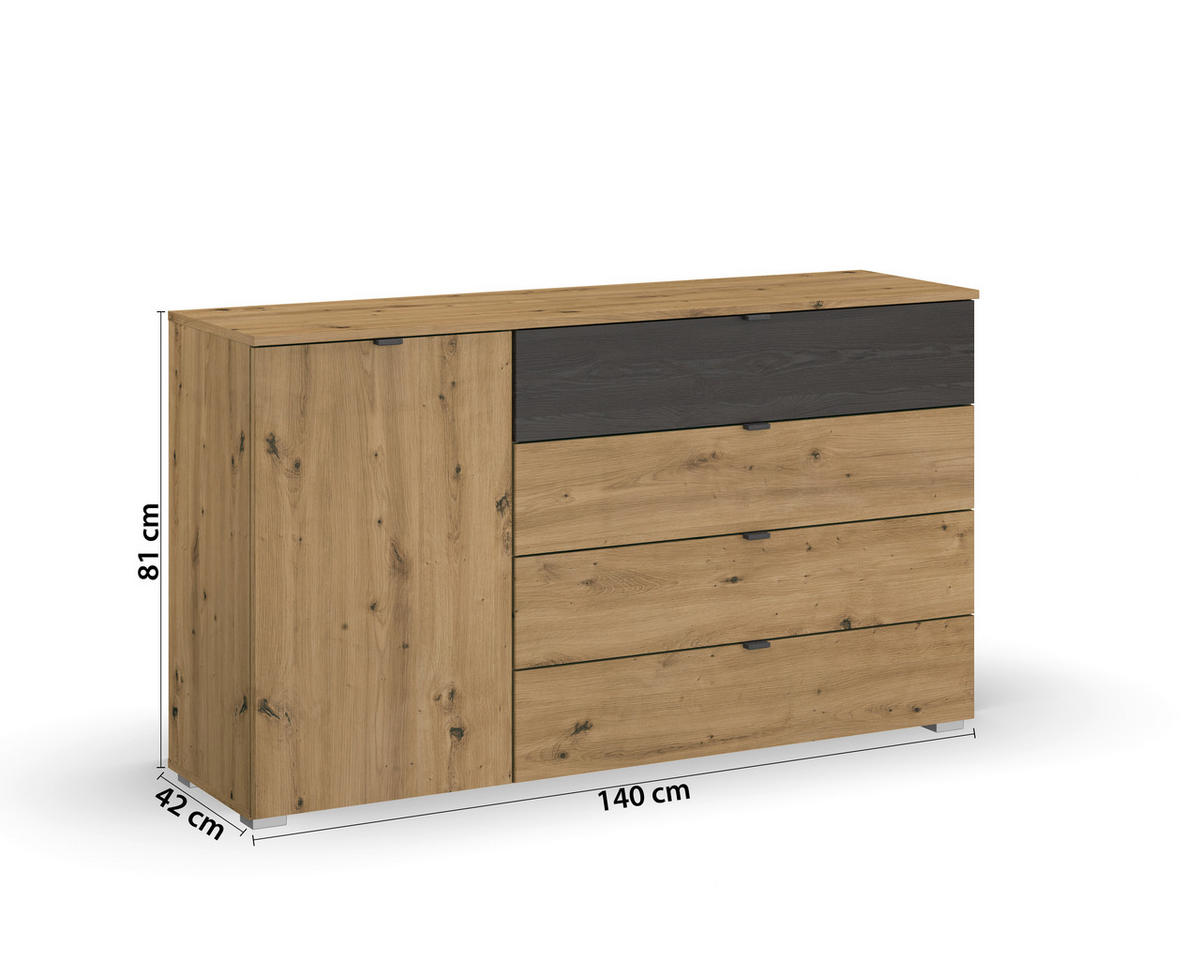 KOMMODE 140/81/42 cm  in Schwarz, Eiche Artisan  - Schwarz/Alufarben, Modern, Holzwerkstoff/Kunststoff (140/81/42cm) - Rauch Möbel