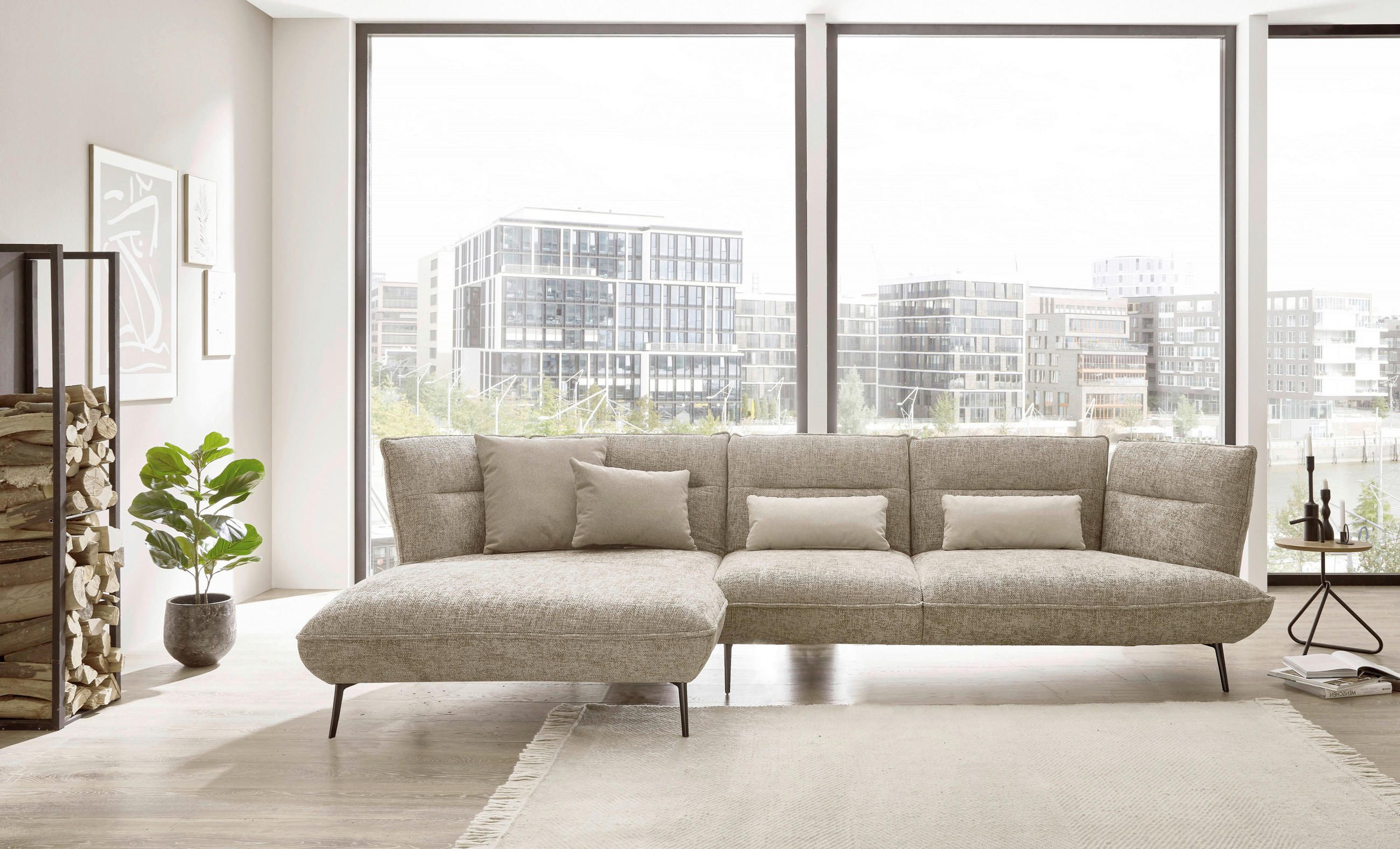 ECKSOFA in Flachgewebe Taupe  - Taupe/Schwarz, Design, Textil/Metall (153/339cm) - Moderano