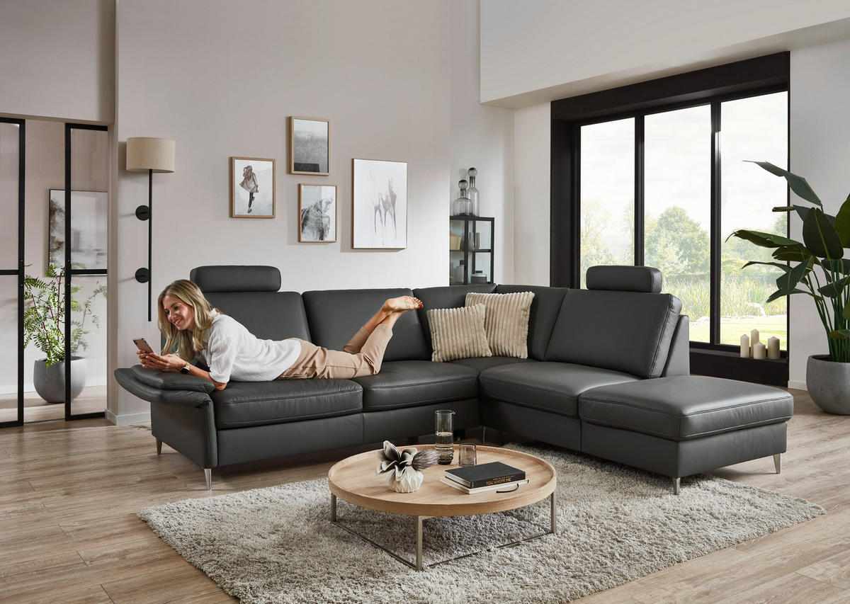 ECKSOFA Beldomo Premium in Echtleder Anthrazit  263/235 cm  - Anthrazit/Alufarben, KONVENTIONELL, Leder/Metall (263/235cm) - Beldomo Premium