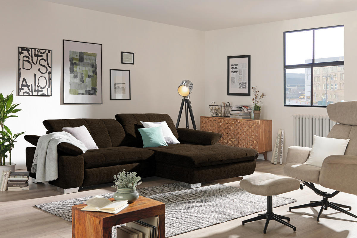 ECKSOFA in Mikrofaser Dunkelbraun  - Chromfarben/Dunkelbraun, Design, Textil/Metall (265/180cm) - Carryhome