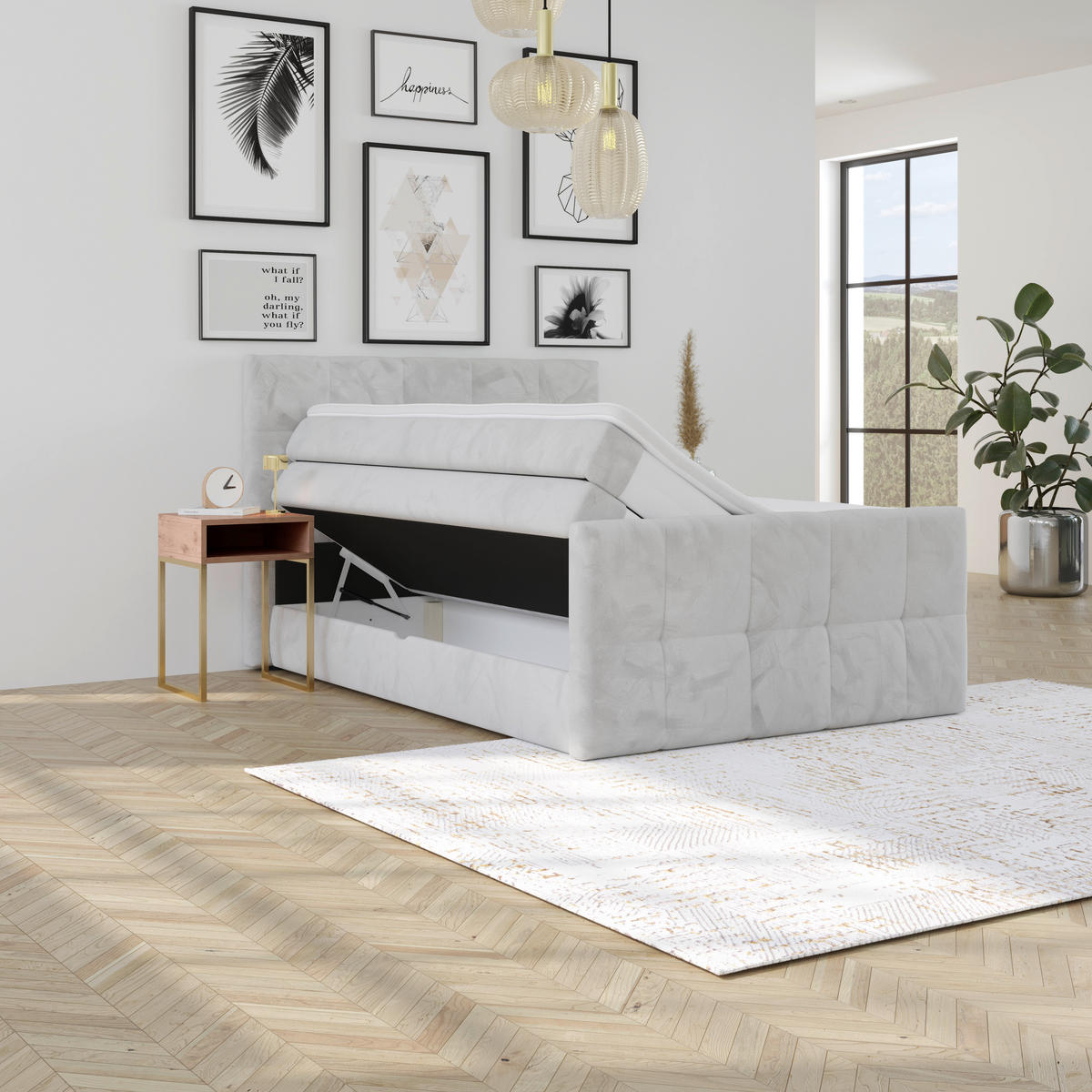 BOXSPRINGBETT 140/200 cm,  in Hellgrau, gepolstertes Kopfteil, Bettkasten, Topper, Matratzen, H4 + H4 = sehr fest  - Hellgrau, KONVENTIONELL, Holz/Holzwerkstoff (140/200cm) - Luca Bessoni