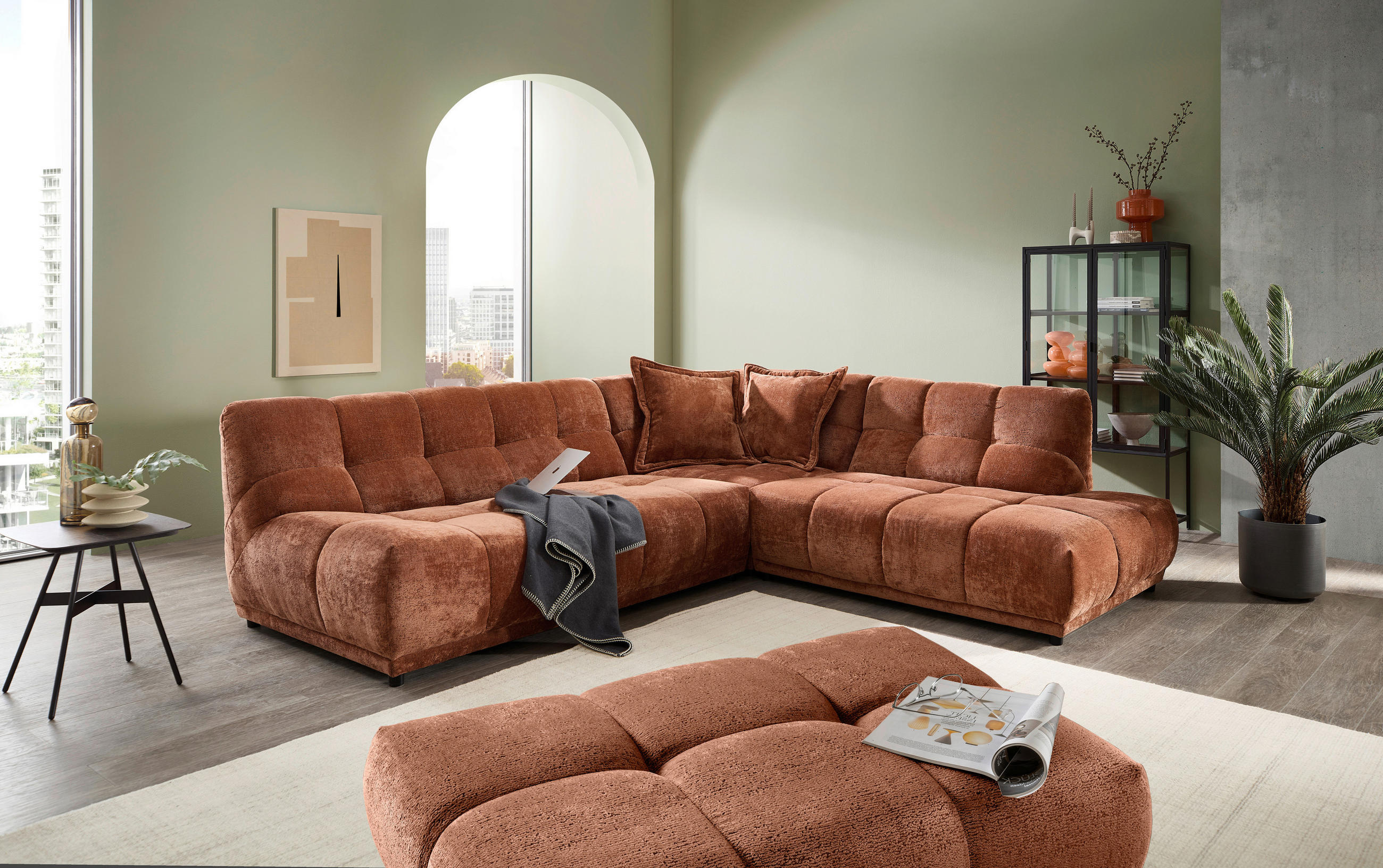 ECKSOFA Chenille Rostfarben  - Rostfarben/Schwarz, Modern, Kunststoff/Textil (284/250cm) - Livetastic