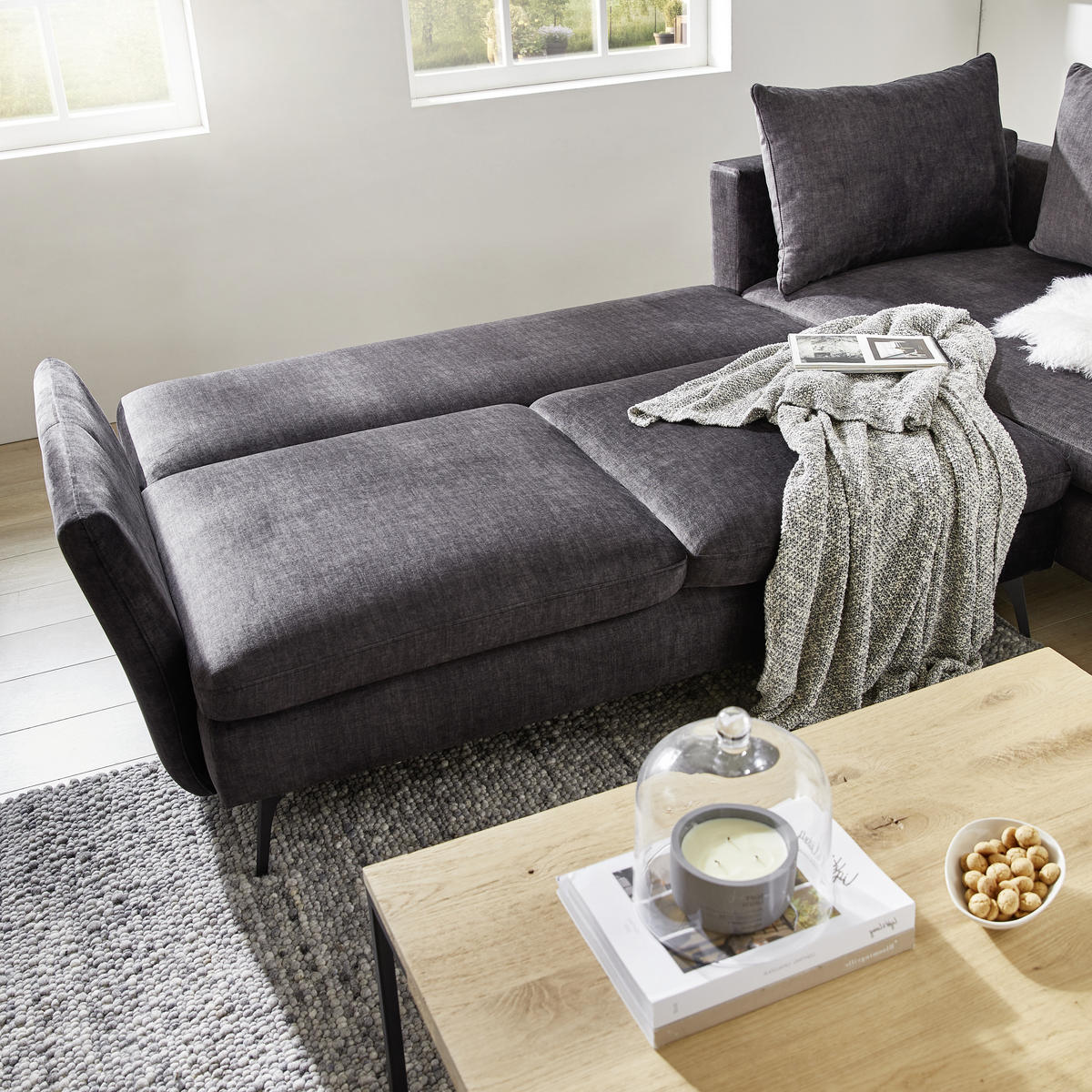 ECKSOFA inkl.Funktionen Dunkelgrau Flachgewebe  - Dunkelgrau/Schwarz, Design, Textil/Metall (282/182cm)