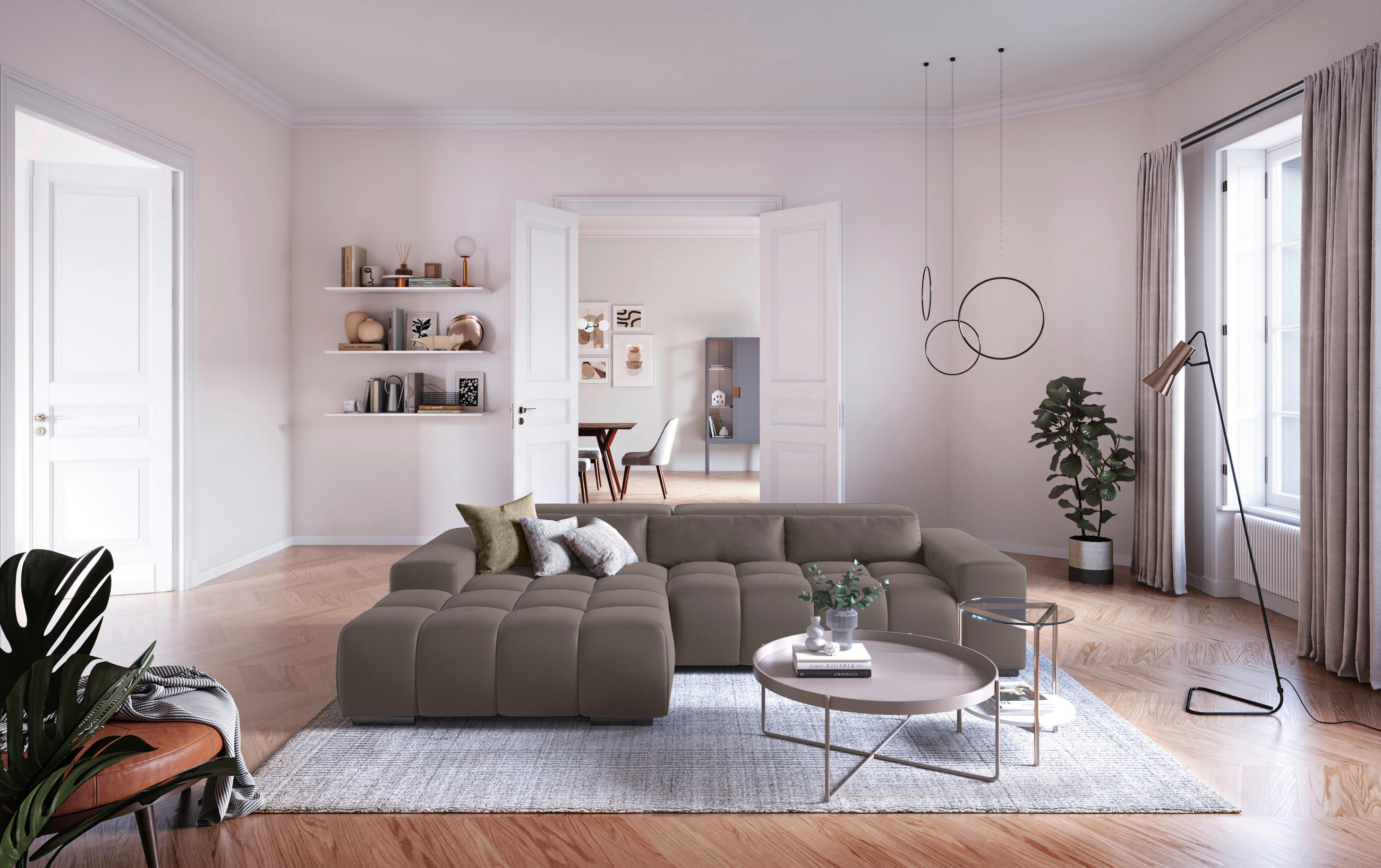 ECKSOFA in Velours Silberfarben  - Silberfarben, Konventionell, Textil/Metall (186/307cm) - Livetastic
