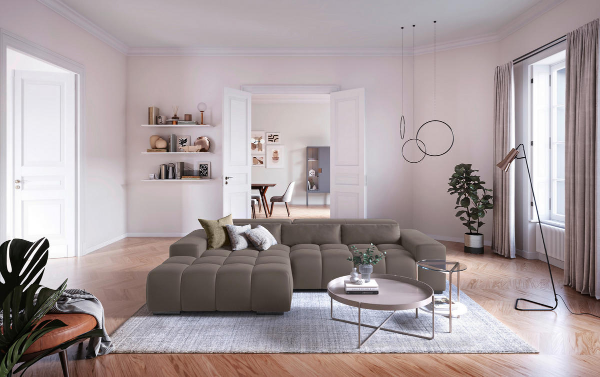 ECKSOFA in Velours Silberfarben  - Silberfarben, Konventionell, Textil/Metall (186/307cm) - Livetastic