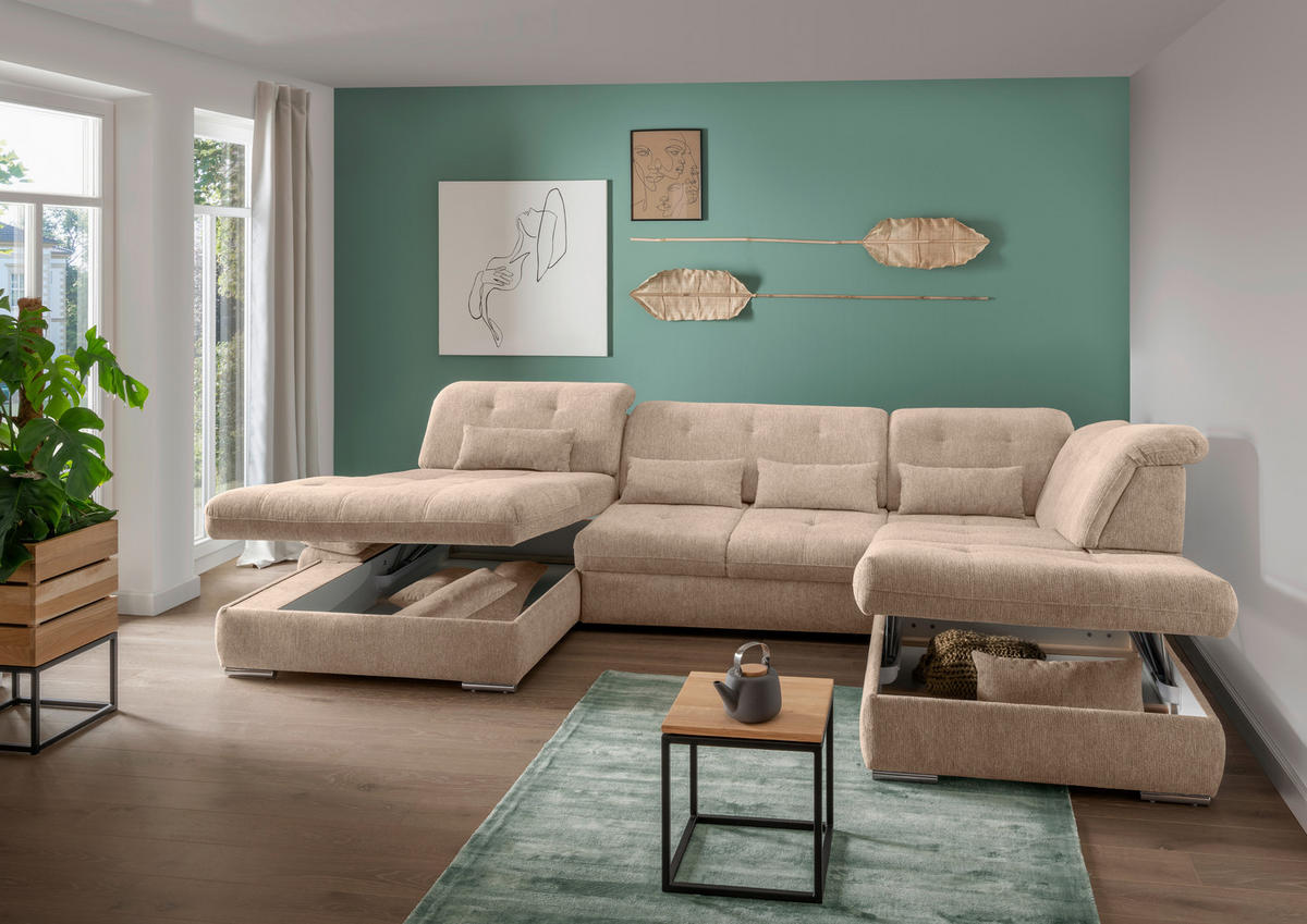 WOHNLANDSCHAFT in Chenille Hellbraun  - Chromfarben/Hellbraun, Design, Textil/Metall (195/376/254cm) - Livetastic