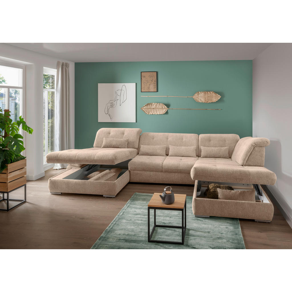 Thumbnail - Livetastic Wohnlandschaft Dalida, Hellbraun, Textil, Uni, 7-Sitzer, Füllung: Schaumstoff, Ottomane rechts, U-Form, 376x2...