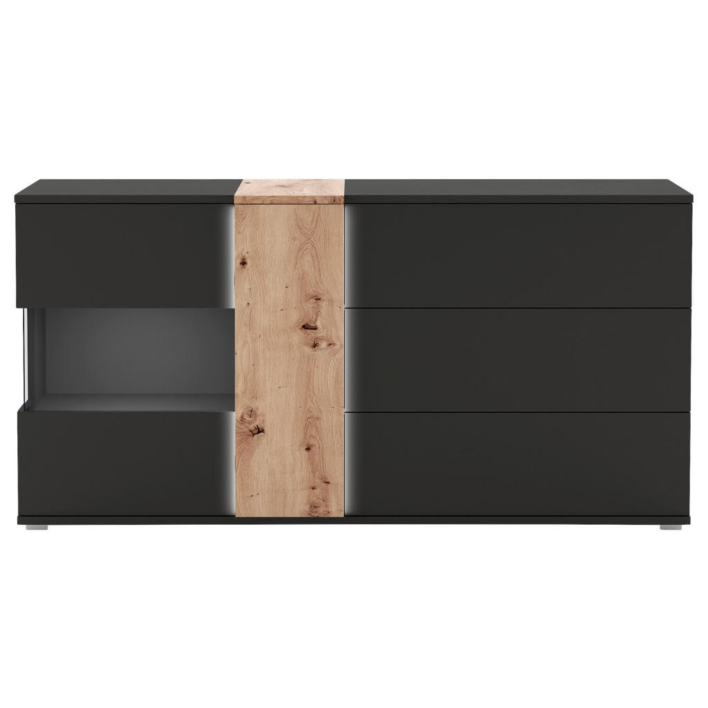 Thumbnail - Livetastic Sideboard, Schwarz, Eiche Artisan, Holzwerkstoff, 5 Fächer, 1 Schubladen, 185x93x45 cm, Made in EU, Beleuchtu...