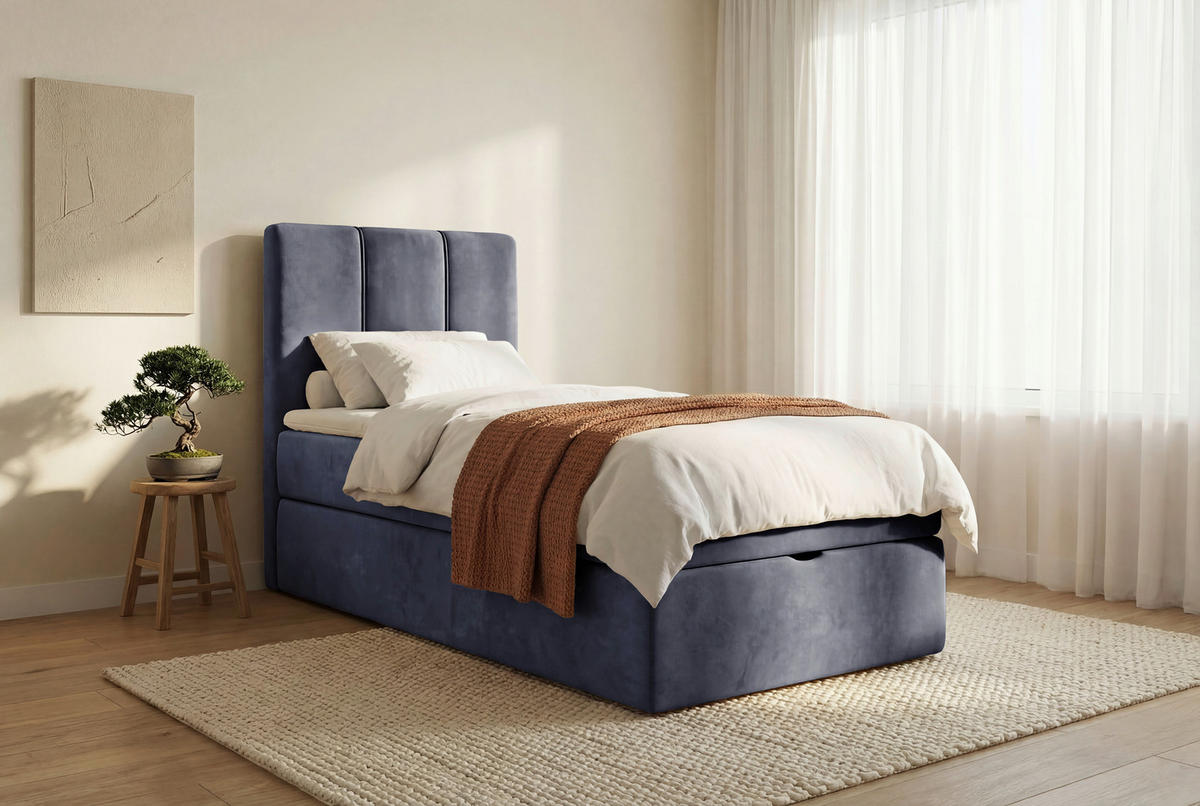 BOXBETT 70/200 cm,  in Dunkelblau, Matratze, gepolstertes Kopfteil, Bettkasten, Topper, H3 = fest  - Schwarz/Dunkelblau, Design, Holzwerkstoff/Kunststoff (70/200cm) - Esposa