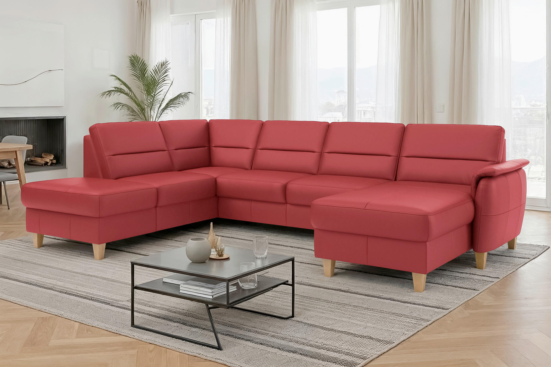 WOHNLANDSCHAFT PALMERA E in Echtleder Rot  - Eichefarben/Rot, Basics, Leder/Holz (212/308/163cm) - Sit & More