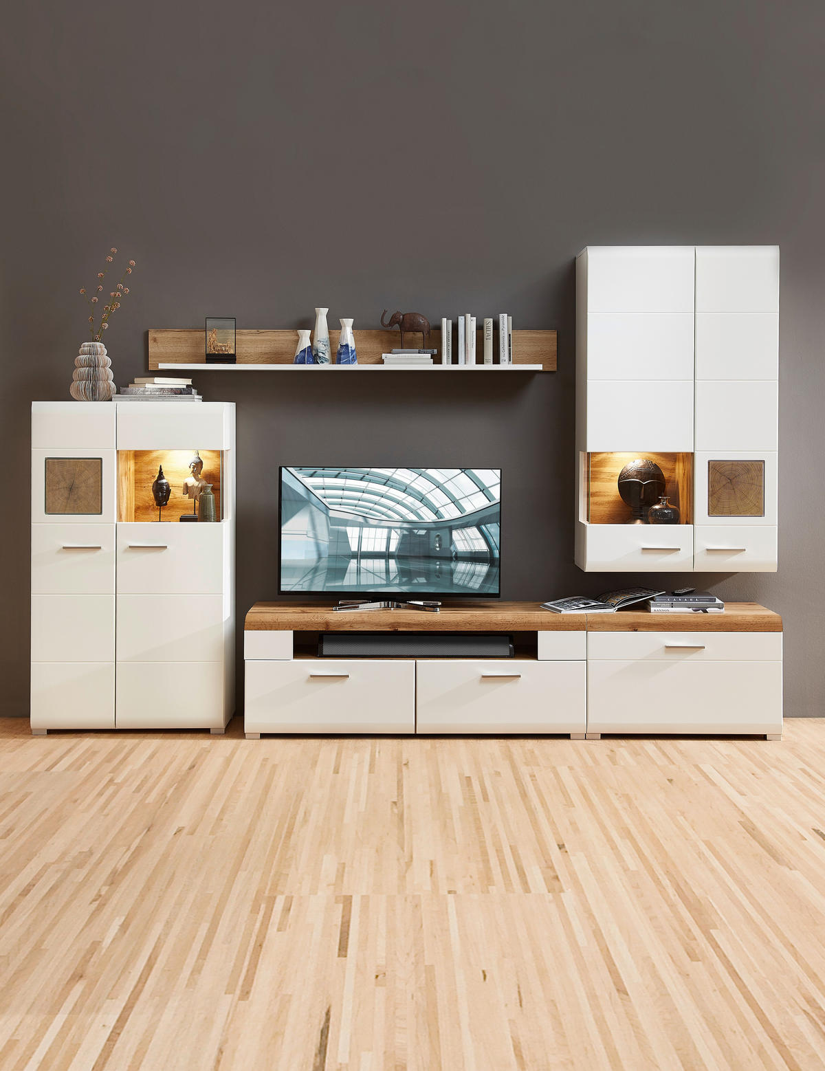 DNEVNI REGAL,  bela, barve hrasta  - barve kroma/barve hrasta, Design, kovina/leseni material (320/205/47cm) - Hom`in